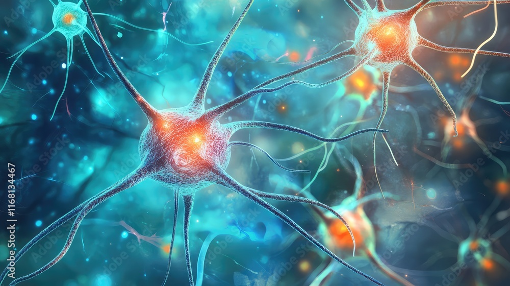 Poster abstract high-tech ai neural pathways glowing in vibrant colors and interconnected nodes on a minima