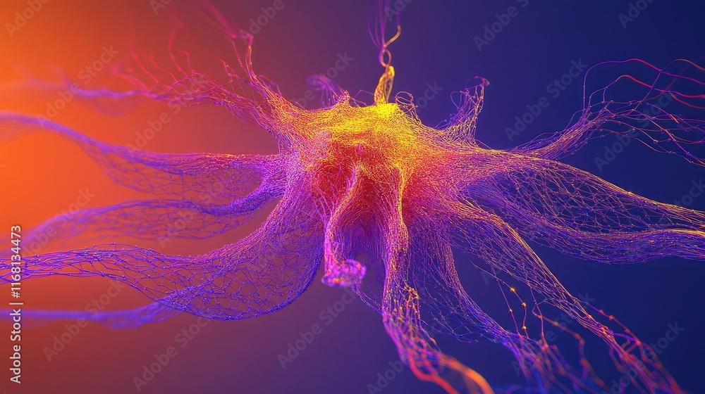 Poster abstract high-tech ai neural pathways glowing in vibrant colors and interconnected nodes on a minima