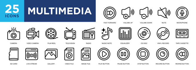 Multimedia, media, technology, digital, video, internet icon set. icons collection. Simple vector illustration