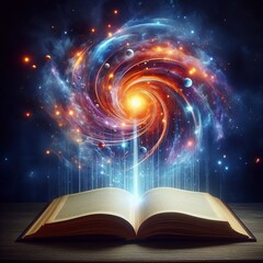 Book as a Universe An open book expanding outwards revealing a v