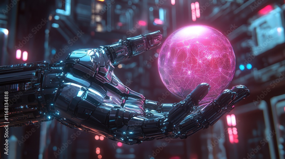 Aufkleber abstract robotic hand holding a glowing sphere with futuristic ai-inspired details and dynamic gradi