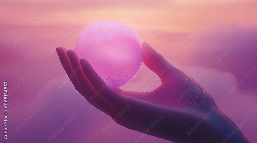 Poster abstract robotic hand holding a glowing sphere with futuristic ai-inspired details and dynamic gradi