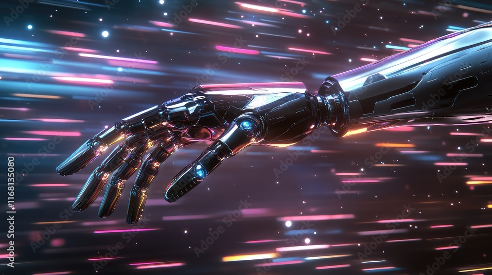 Aufkleber ai robot hand reaching out in a sleek metallic design with glowing light trails in a futuristic back