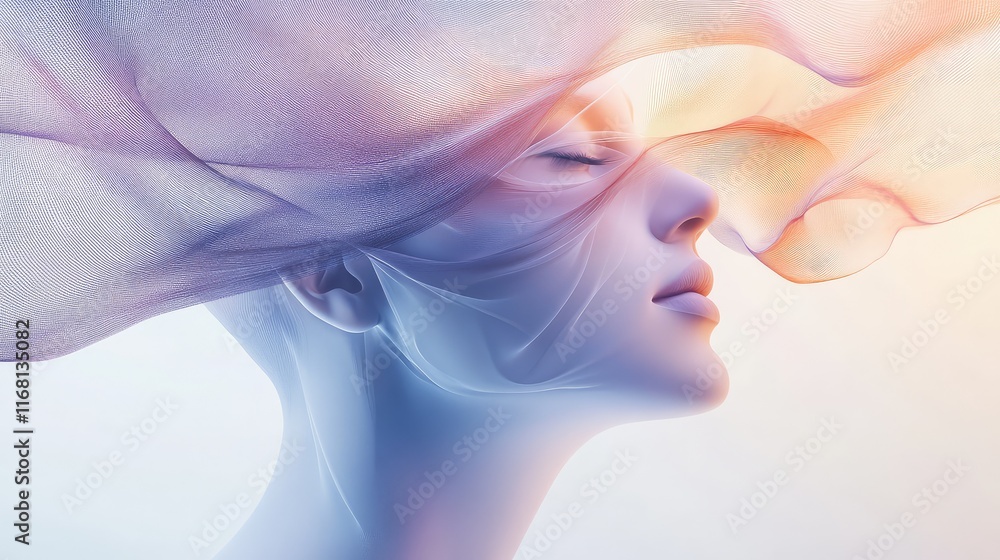 Poster an abstract face formed from smooth, glowing lines in pastel tones, symbolizing serenity, placed on 