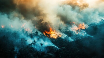 Obraz premium A satellite image of a tropical forest fire, smoke plumes visible from space, emphasizing large-scale carbon emissions.