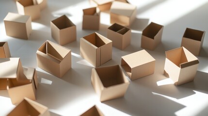 Fototapeta premium A scattered pile of cardboard boxes, some tilted and opened, creating a casual yet realistic storage concept on a white surface.