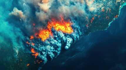 A satellite image of a tropical forest fire, smoke plumes visible from space, emphasizing large-scale carbon emissions.