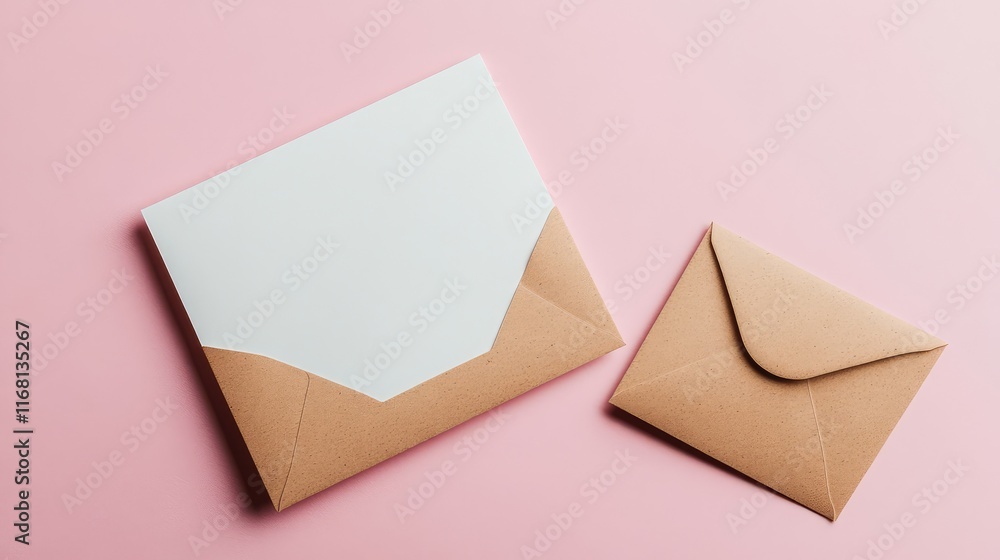 Poster a blank card elegantly displayed on a pastel background with an envelope slightly opened beside it, 