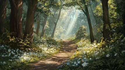 Obraz premium A scenic forest pathway surrounded by towering green trees and blooming wildflowers, illuminated by rays of sunshine breaking through the canopy.