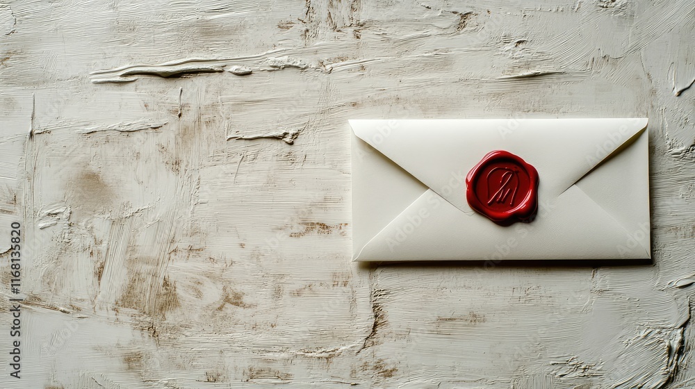 Poster a blank envelope sealed with a wax stamp resting on a neutral textured background with clean lines a