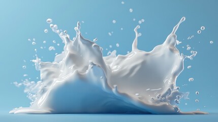 A bold splash of water frozen in mid-air, creating dynamic ripples and droplets on a clean blue gradient background