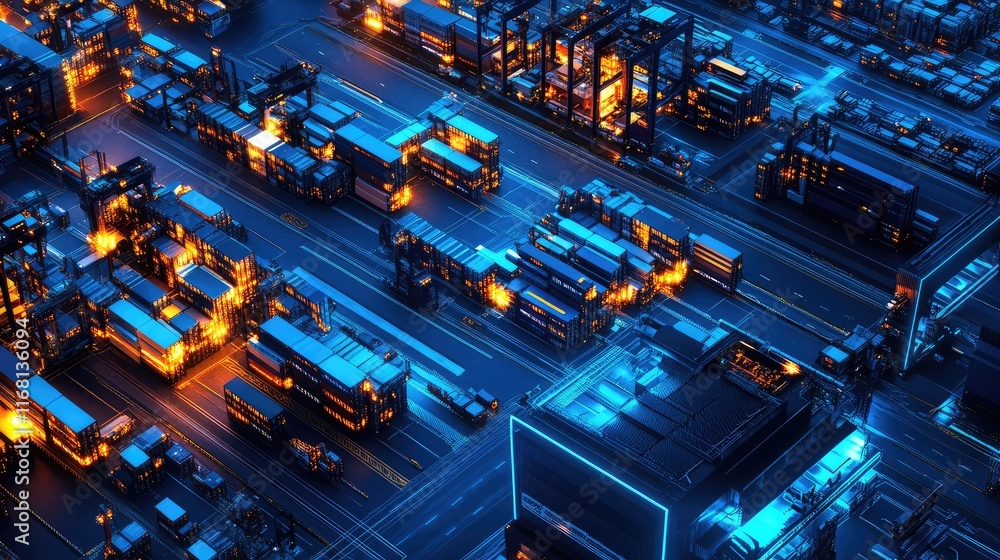 Poster a clean view of shipping docks with futuristic glowing accents and wide open spaces, emphasizing glo