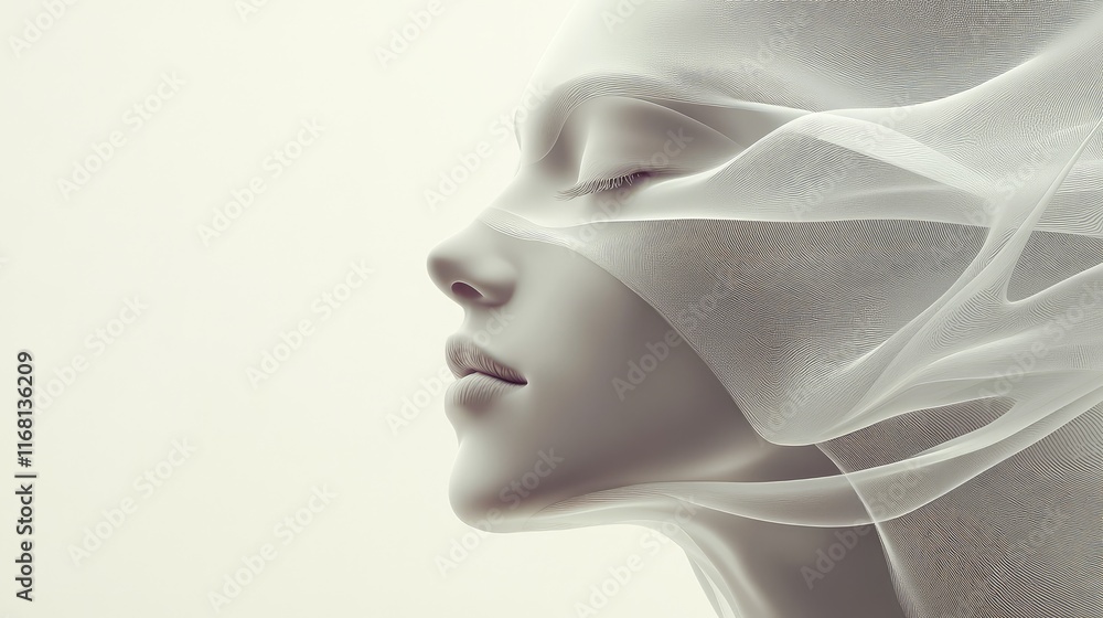 Poster a digital face profile formed with light patterns and soft curves, symbolizing modern design and tec