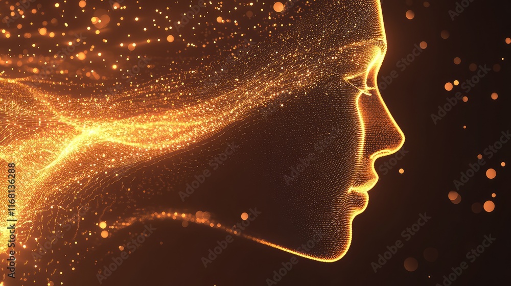 Poster a digital face profile formed with light patterns and soft curves, symbolizing modern design and tec