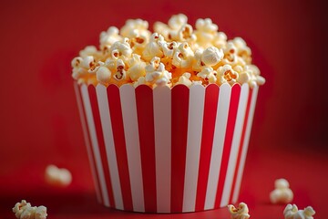 Popcorn in Striped Container on Red Background  