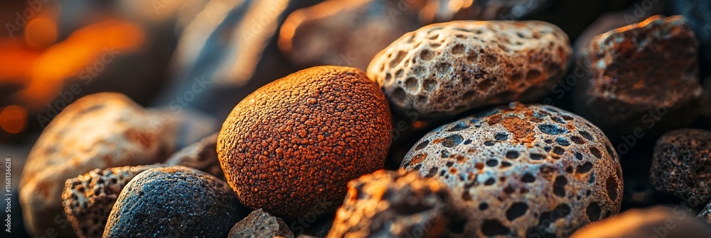 Poster close-up of smooth, textured stones with varied colors and patterns.