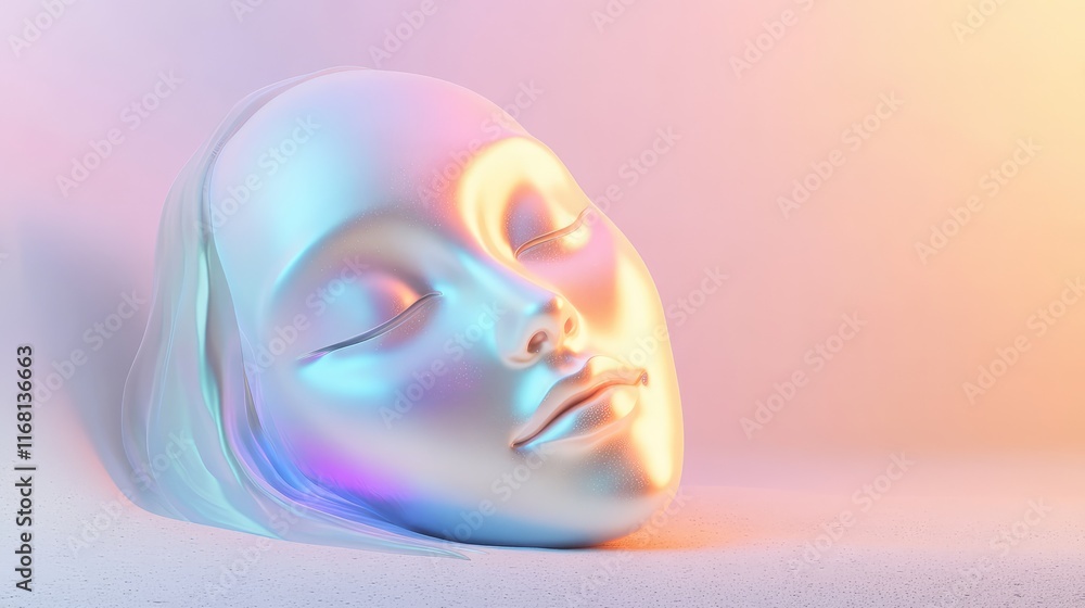 Poster a glowing abstract face formed from light, with colorful accents, placed on a minimal gradient backg