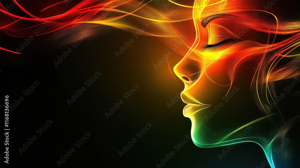 Poster A glowing abstract face formed from light, with colorful accents, placed on a minimal gradient background with ample empty space for text