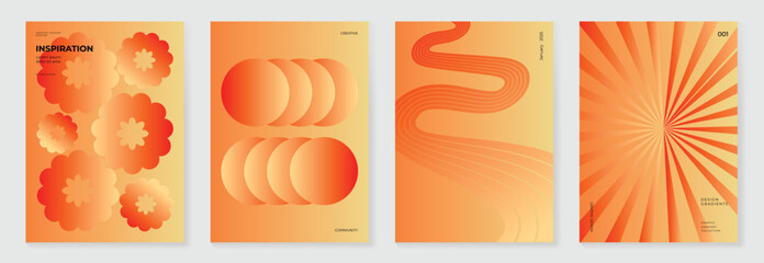 Collection of 70s color gradient poster background vector. Set of retro wall decoration, groovy, trippy, geometric shape. Vintage hippie wall art for interior, decorative, banner, cover, card.