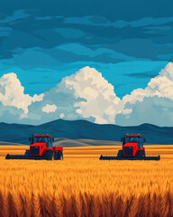 Naklejka premium Harvesting action in a wheat field rural landscape digital art bright sky aerial view farming concept