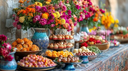 Obraz premium Bright Nowruz celebration with colorful flowers, sweets, and traditional ornaments 