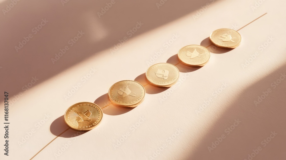 Poster a minimalistic image of coins rolling upward on a graph line, symbolizing financial success, placed 