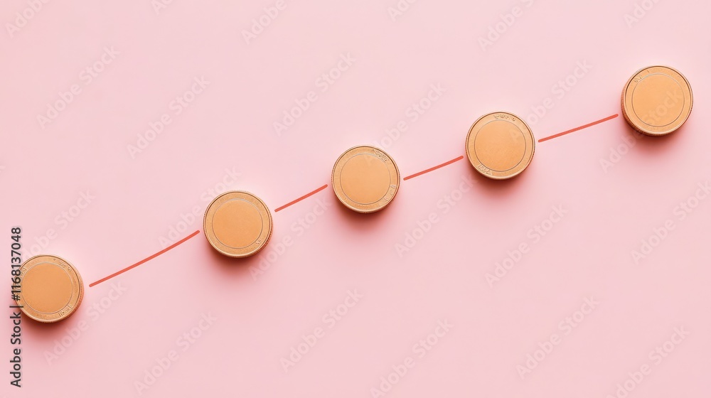 Poster a minimalistic image of coins rolling upward on a graph line, symbolizing financial success, placed 