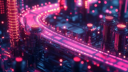 Futuristic city highway with glowing neon lights and intricate structures.