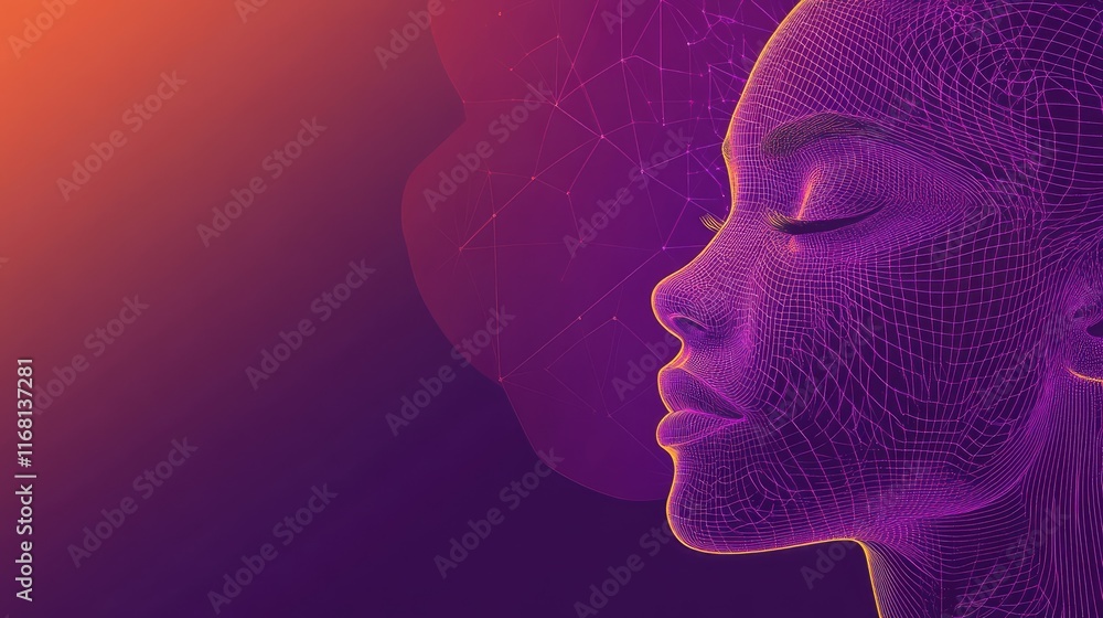 Poster a minimalist face silhouette formed with dynamic light and soft geometric patterns, set on a gradien