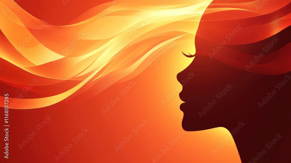 Poster a minimalist face silhouette formed with dynamic light and soft geometric patterns, set on a gradien