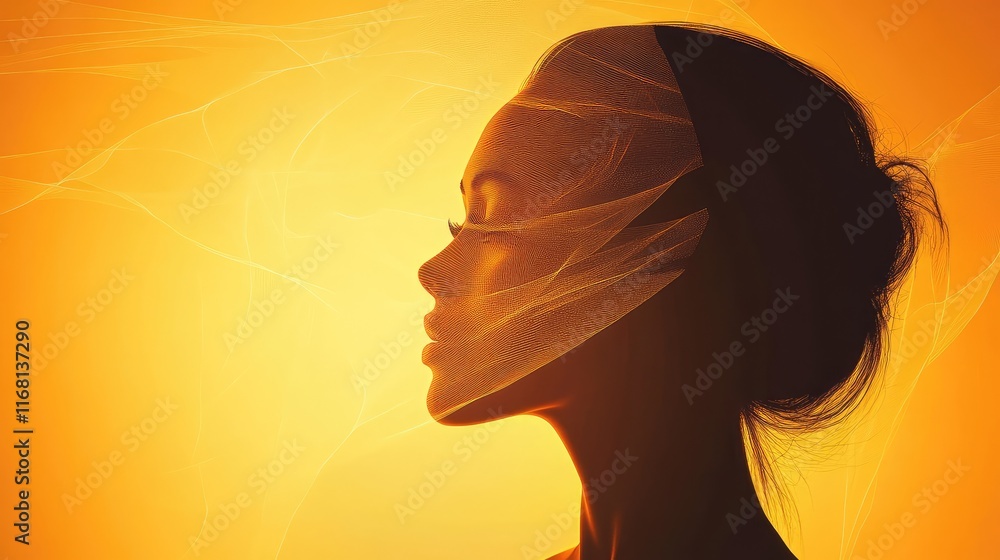 Poster a minimalist face silhouette formed with dynamic light and soft geometric patterns, set on a gradien