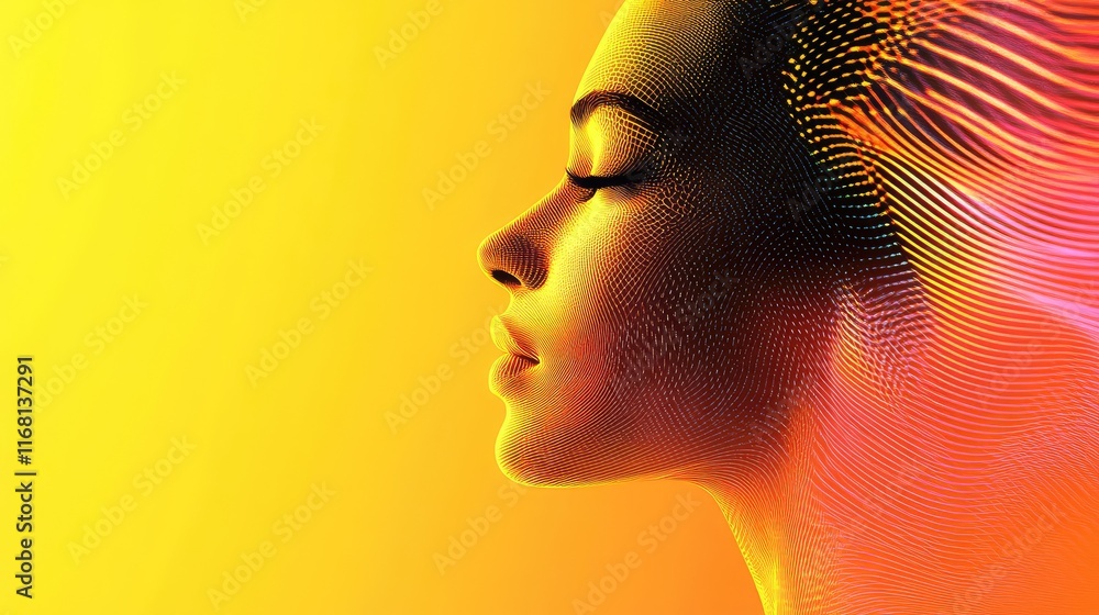 Poster a minimalist face silhouette formed with dynamic light and soft geometric patterns, set on a gradien