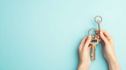 Hands holding a large golden key on a light blue background.