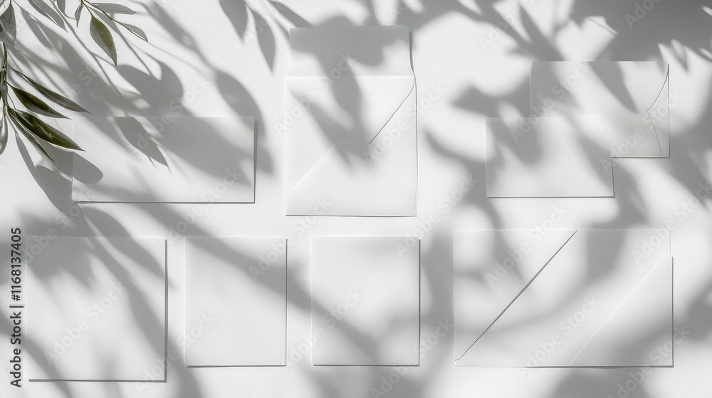 Poster a minimalist flat lay of blank envelopes and cards arranged on a clean white surface, surrounded by 