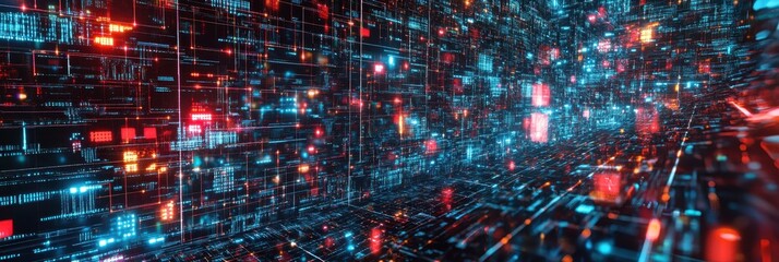 Futuristic cityscape, neon lights, digital rain, cyberpunk aesthetics, red and blue color scheme, reflective surfaces, data streams, urban nightscape, holographic projections, glowing circuit patterns