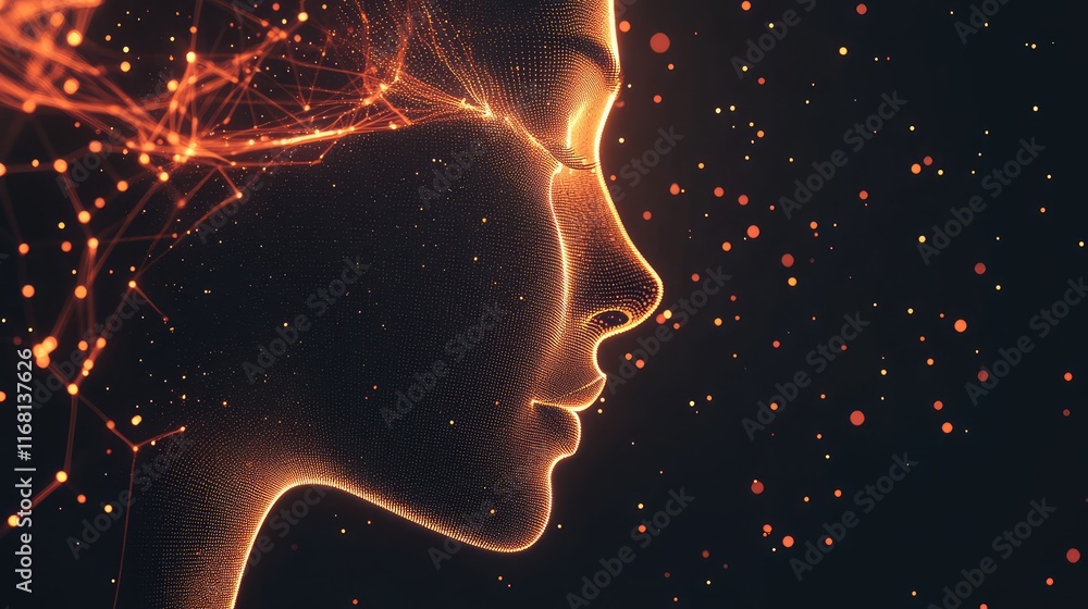 Poster a simple abstract face created from smooth lines and glowing dots, set against a neutral background 
