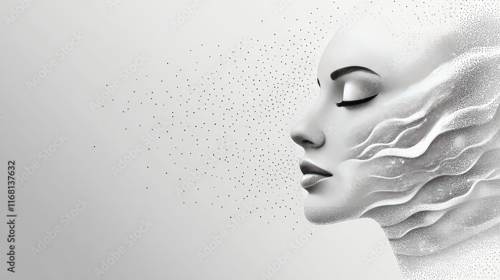 Poster a simple abstract face created from smooth lines and glowing dots, set against a neutral background 