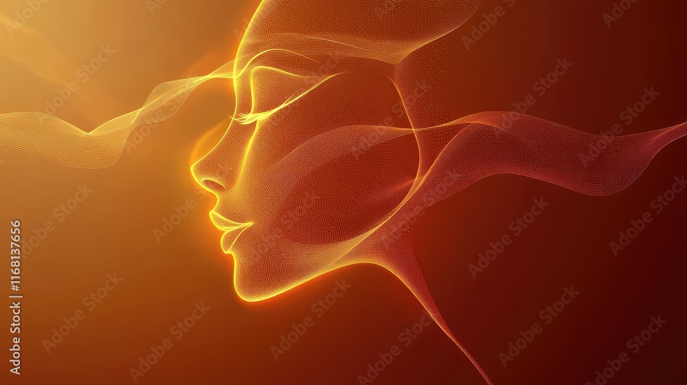 Poster a simple abstract face created from smooth lines and glowing dots, set against a neutral background 
