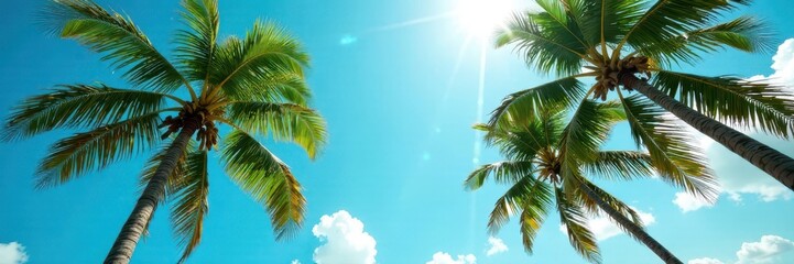 Sun-drenched coconut palms sway gently against a vibrant blue sky , vacation, landscape, relaxing
