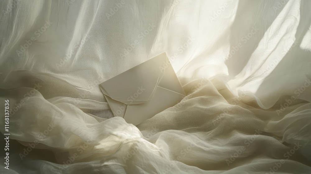 Poster a single blank envelope lying on a textured fabric background, surrounded by soft natural tones and 
