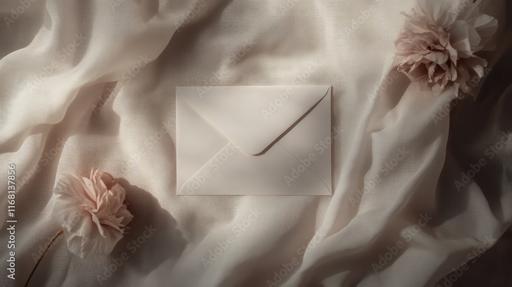 Poster a single blank envelope lying on a textured fabric background, surrounded by soft natural tones and 