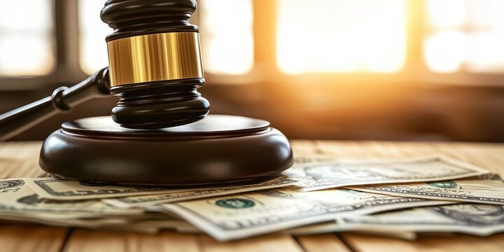 Legal gavel, stacks of money, judicial proceedings, courtroom drama, financial litigation, corruption concept, wooden judge's bench, dramatic lighting, close-up detail, legal tender, currency notes, j