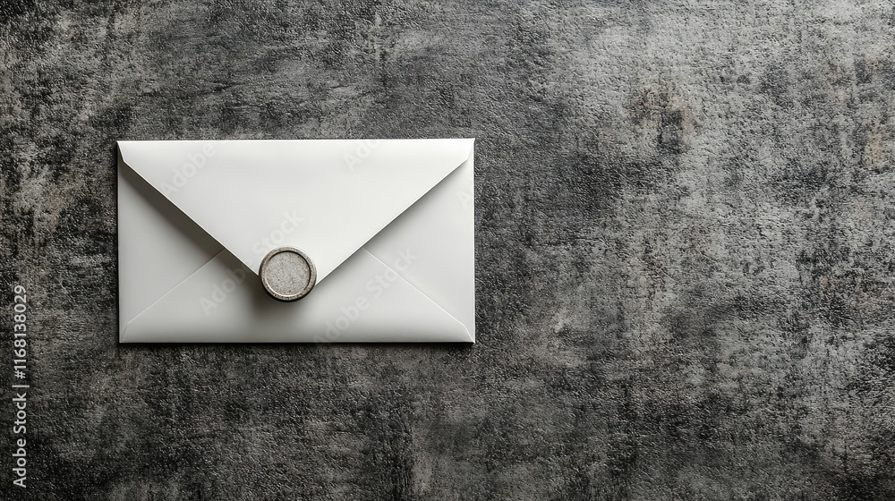 Poster a single blank envelope with a modern seal resting on a smooth monochrome surface with subtle textur