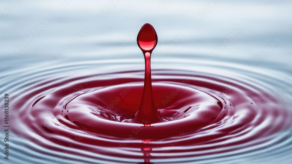Poster a single drop of vibrant red ink spreading in clear water, creating a delicate abstract flow against