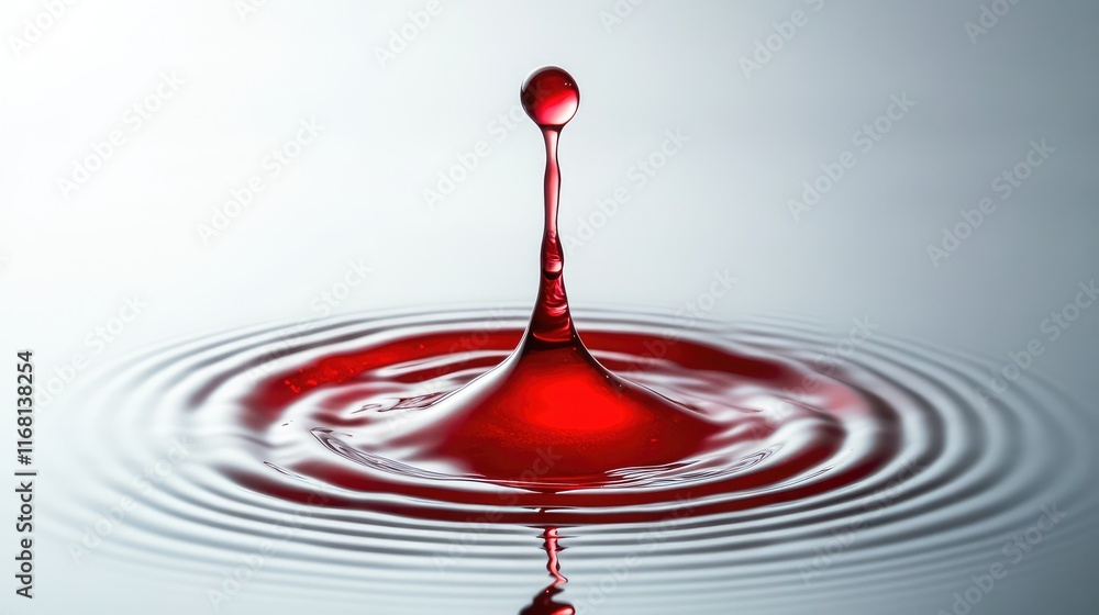Poster a single drop of vibrant red ink spreading in clear water, creating a delicate abstract flow against