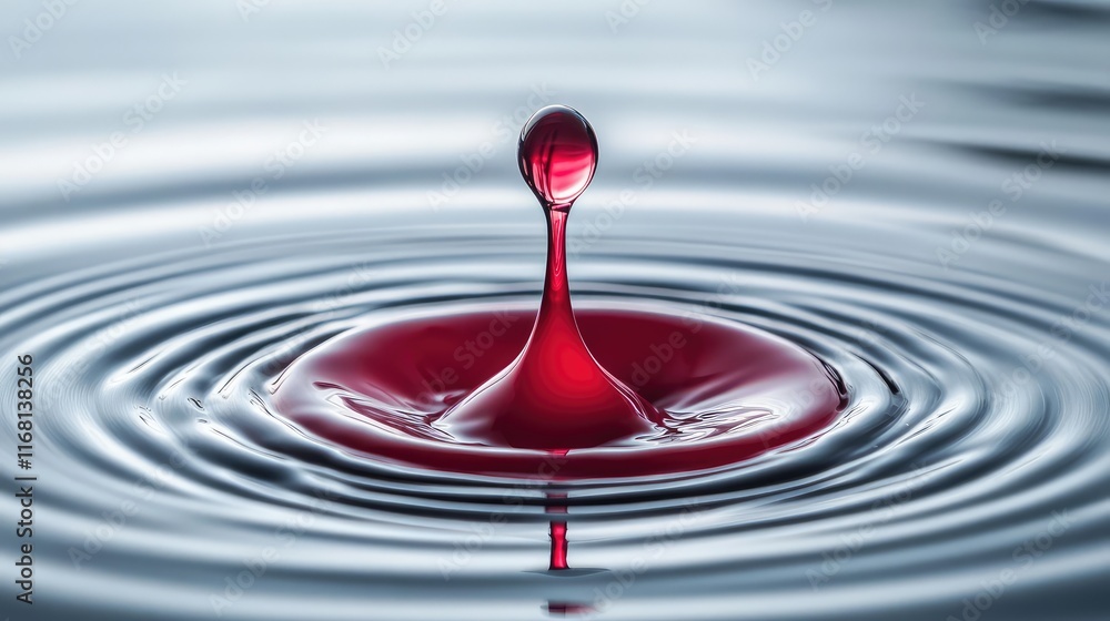 Poster a single drop of vibrant red ink spreading in clear water, creating a delicate abstract flow against