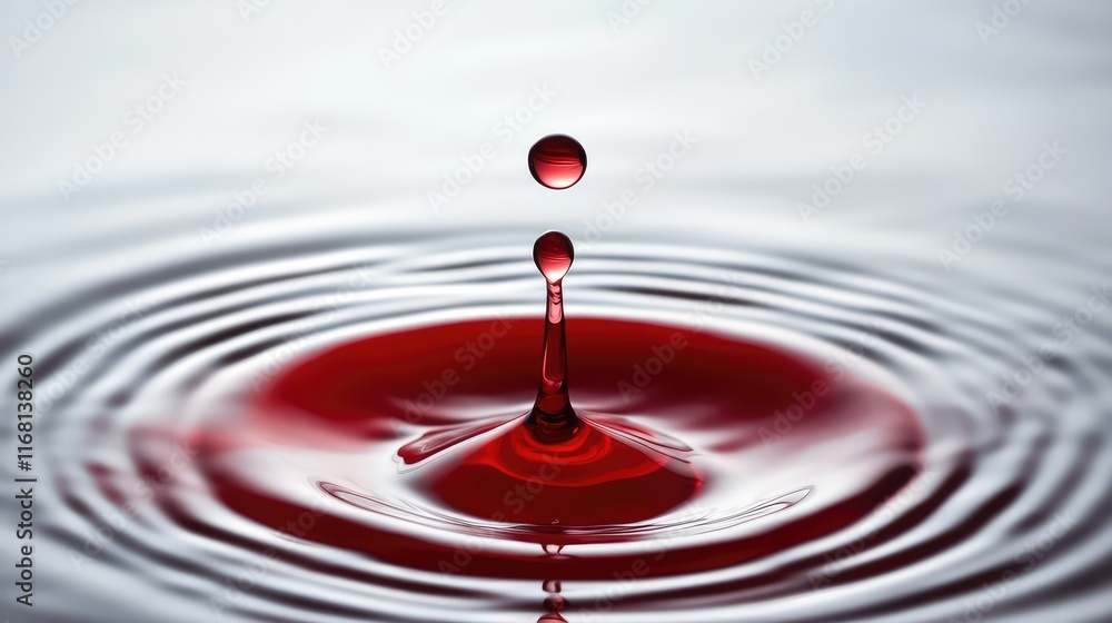 Poster a single drop of vibrant red ink spreading in clear water, creating a delicate abstract flow against