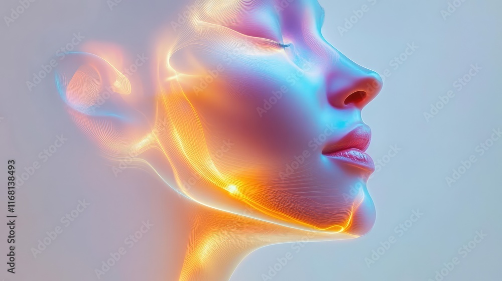 Poster a smooth, abstract face outline formed from soft lines and glowing lights, representing clarity and 