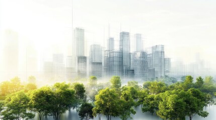 Fototapeta premium Futuristic city skyline surrounded by greenery and mist