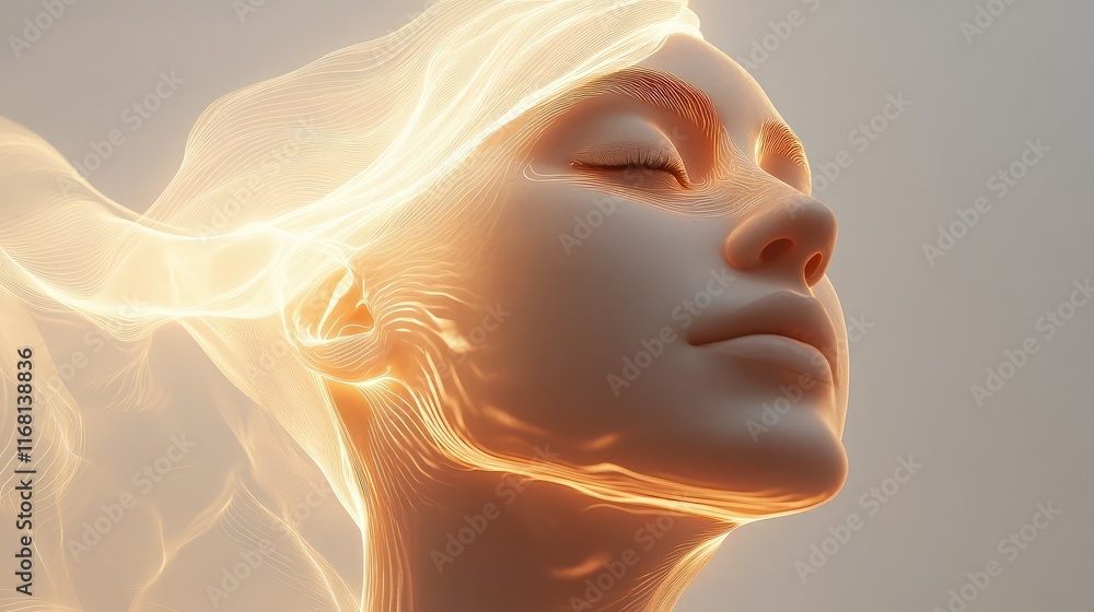 Poster a soft and glowing abstract face silhouette, formed with smooth light curves, symbolizing calmness, 